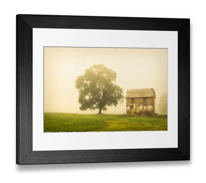 Framed Print : Abandoned House: Rural foggy landscape photograph of a rundown house in a meadow