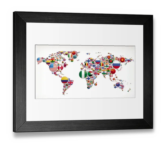 Framed Print : World map with Flag Buttons Framed Print : World map with Flag Buttons