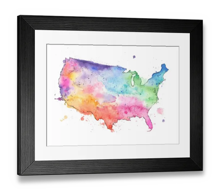 Framed Print : Map of United States with Watercolor Texture - Raster Illustration Framed Print : Map of United States with Watercolor Texture - Raster Illustration