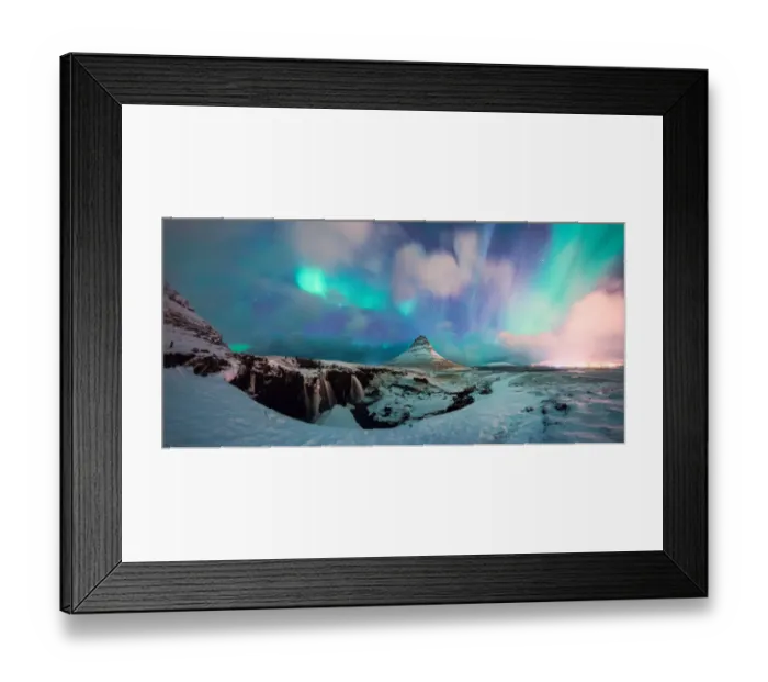 Framed Print : Panoramic View of Kirkjufell Mountain with Aurora Framed Print : Panoramic View of Kirkjufell Mountain with Aurora