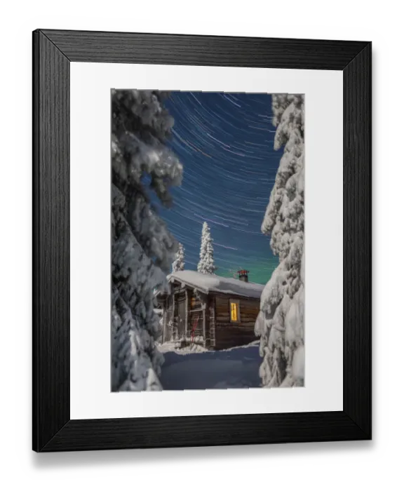 Framed Print : Finnish Wilderness cabin on a clear winters night