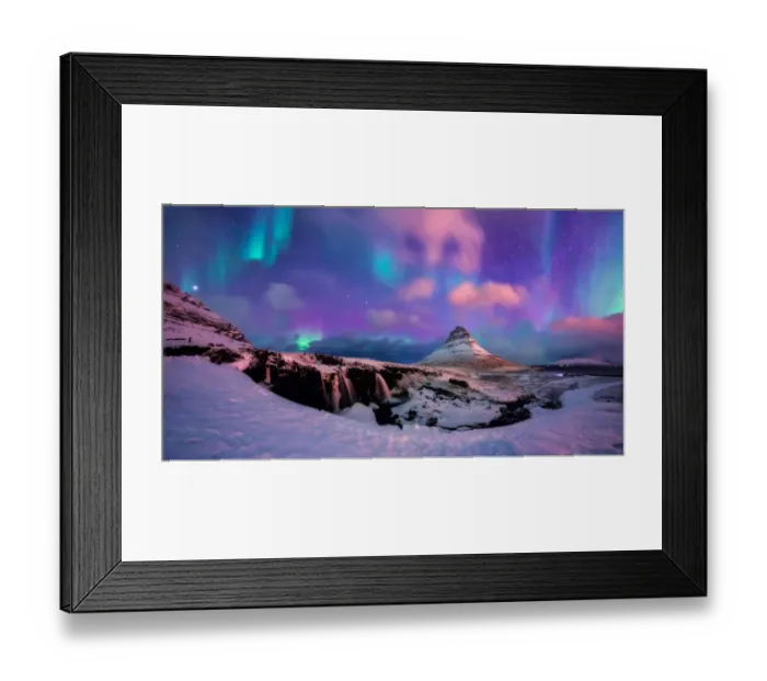 Framed Print : Panoramic View of Kirkjufell Mountain with Aurora Framed Print : Panoramic View of Kirkjufell Mountain with Aurora