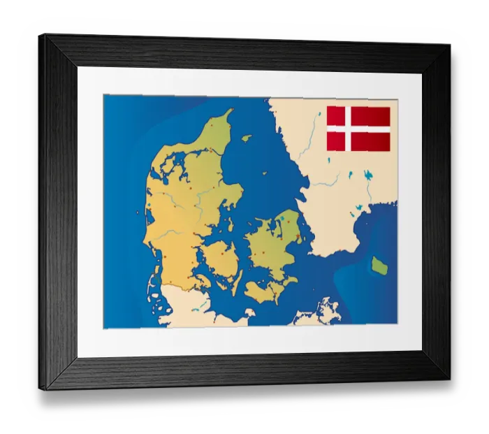 Framed Print : Denmark. Cartoon map of Denmark Framed Print : Denmark. Cartoon map of Denmark