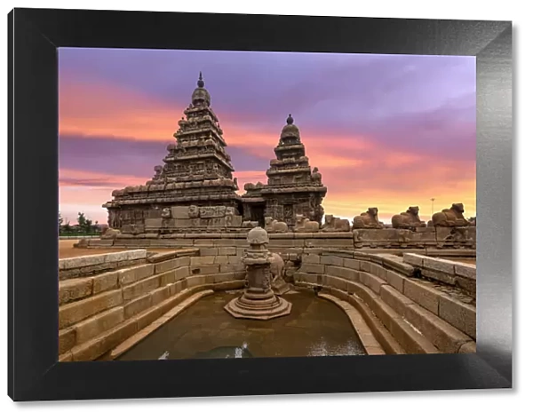 Sunset View at Shore Temple Complex with Miniature Shrine in Mahabalipuram, Kanchipuram, Tamil Nadu, India