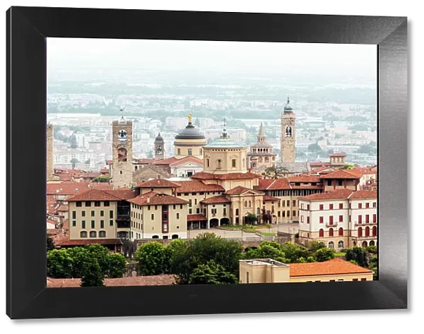 High angle view of Bergamo Citta Alta skyline with medieval towers, Lombardy, Italy