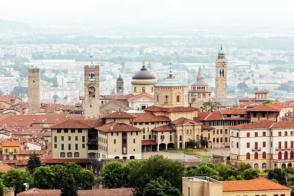 High angle view of Bergamo Citta Alta skyline with medieval towers, Lombardy, Italy