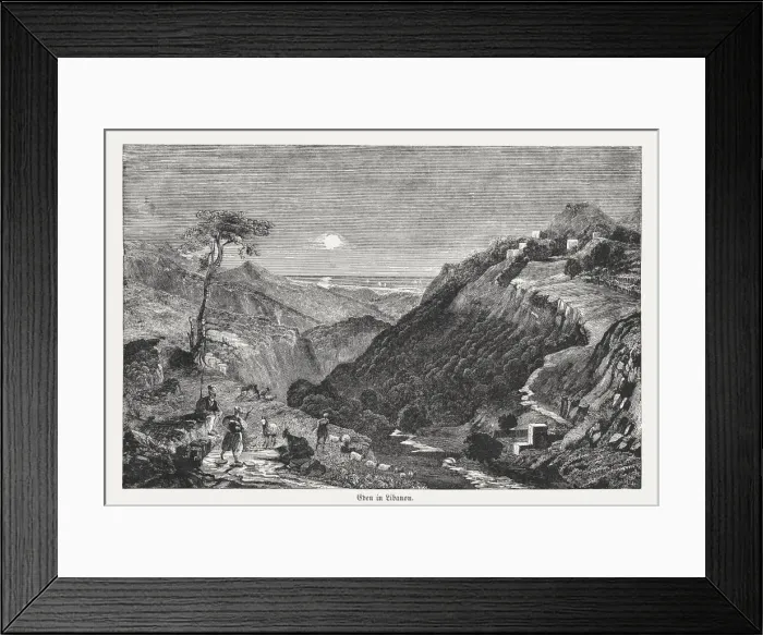 Framed Print : Village of Eden in Libanon, wood engraving, published in 1855 Framed Print : Village of Eden in Libanon, wood engraving, published in 1855