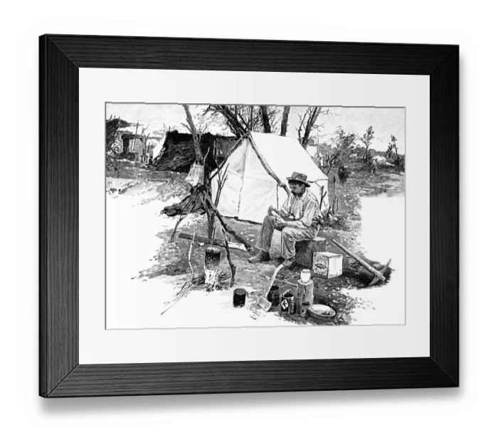 Framed Print : Man sitting outside tent reading a letter Framed Print : Man sitting outside tent reading a letter