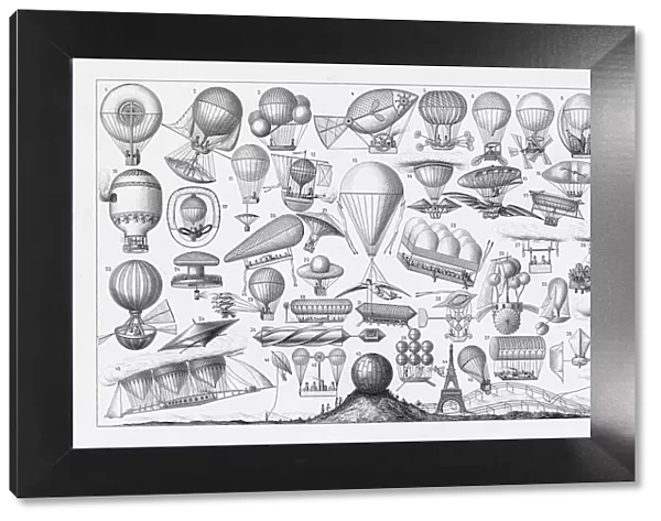 Balloons, Airships and Flying Machines Engraving from 18th Century France