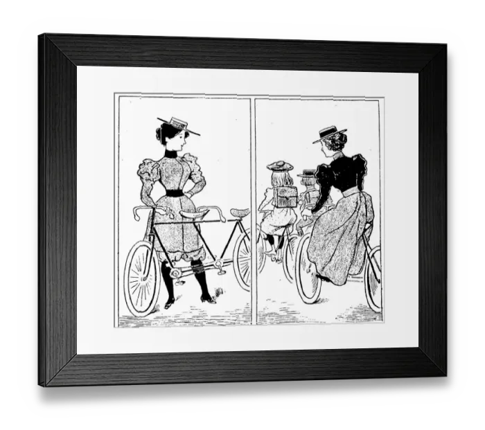 Framed Print : Woman waiting with tandem bike and mother with kids cycling by Framed Print : Woman waiting with tandem bike and mother with kids cycling by