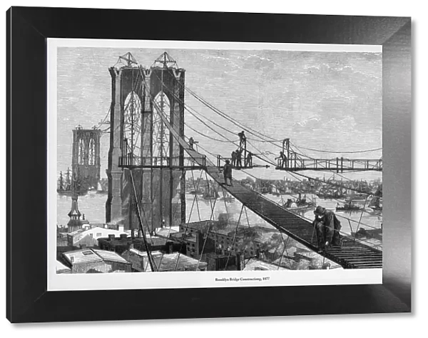 Brooklyn Bridge Construction Victorian Engraving, 1877