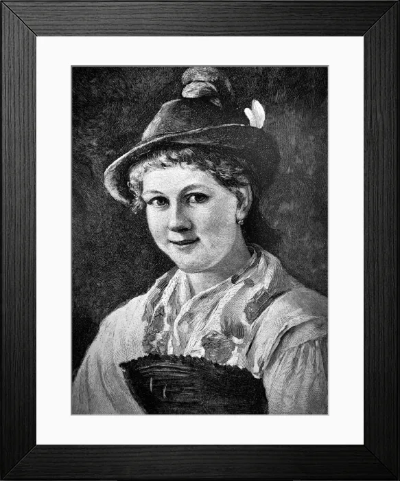 Framed Print : Portrait of a smiling Bavarian girl with funny hat -1896