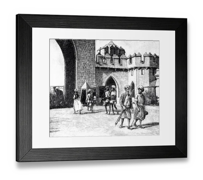 Framed Print : Palankin bearers at a city gate in India Framed Print : Palankin bearers at a city gate in India