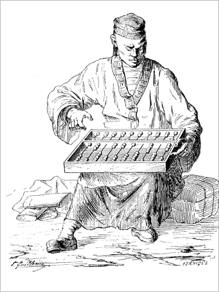 Antique illustration of man with abacus