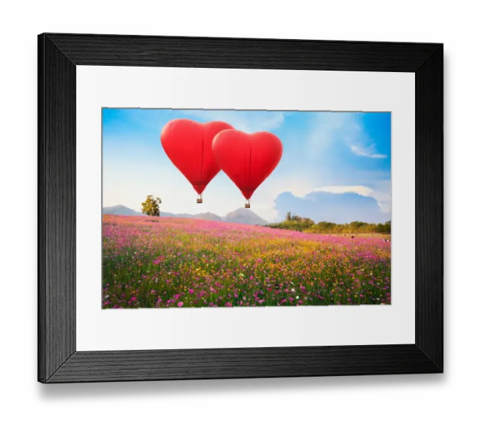 Framed Print : Red heart air balloon over on Beautiful Cosmos Flower in park Framed Print : Red heart air balloon over on Beautiful Cosmos Flower in park