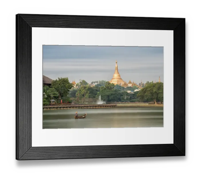Framed Print : Shwedagon Pagoda in the morning view at wooden boardwalk at the Kandawgyi Lake in Yangon, Myanmar Framed Print : Shwedagon Pagoda in the morning view at wooden boardwalk at the Kandawgyi Lake in Yangon, Myanmar