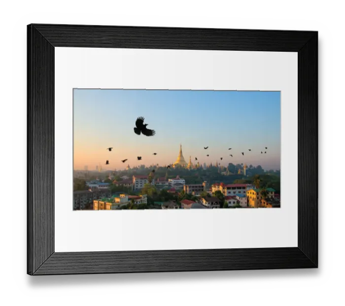 Framed Print : Shwedagon Pagoda and flying crows in the morning, Yangon, Myanmar Framed Print : Shwedagon Pagoda and flying crows in the morning, Yangon, Myanmar