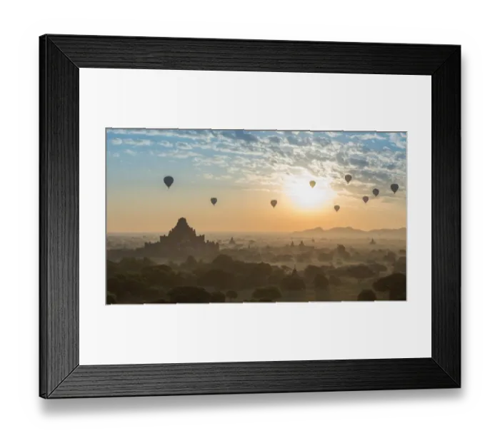 Framed Print : temple, sunrise, burma, air, culture, hot, heritage, mist, asian, balloons, over