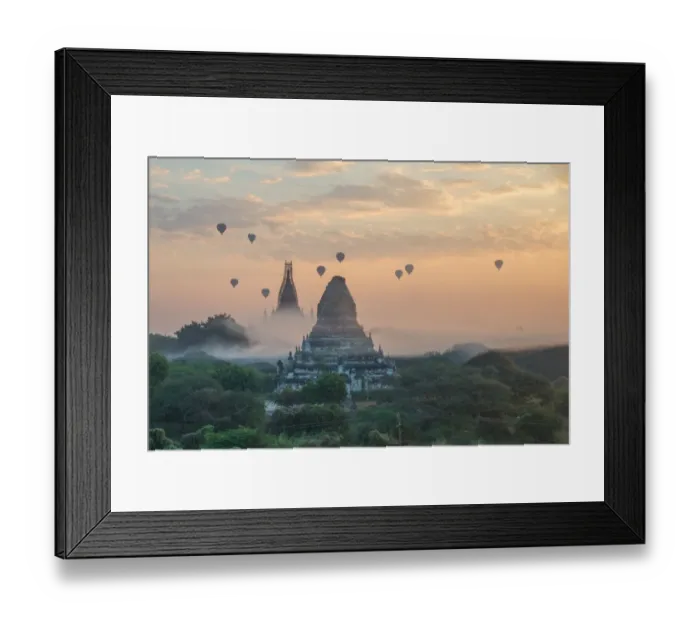 Framed Print : Hot air balloon in the morning fog at bagan myanmar Framed Print : Hot air balloon in the morning fog at bagan myanmar