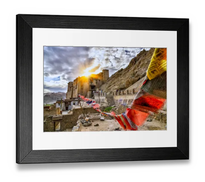 Framed Print : Scenic of leh palace with colorful omani prayer flag with dramatic sky in leh ladakh, india Framed Print : Scenic of leh palace with colorful omani prayer flag with dramatic sky in leh ladakh, india