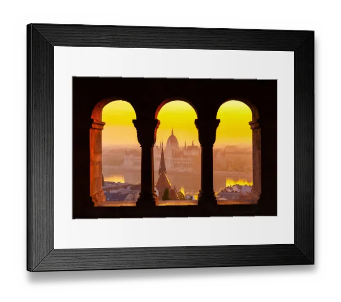 Framed Print : View of the Parliament of Hungary from the Fishermens Bastion at sunrise Framed Print : View of the Parliament of Hungary from the Fishermens Bastion at sunrise