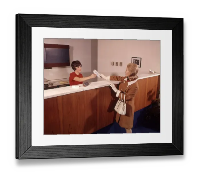 Framed Print : Woman Handing Deposit To Bank Teller Banking Women Framed Print : Woman Handing Deposit To Bank Teller Banking Women