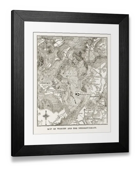 Framed Print : Map of Woburn and Neighborhoods, England Victorian Engraving, Circa 1840