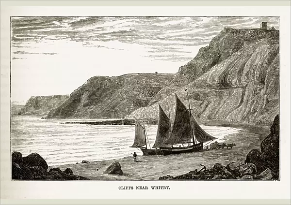 White Cliffs of Whitby in Yorkshire, England Victorian Engraving, Circa 1840