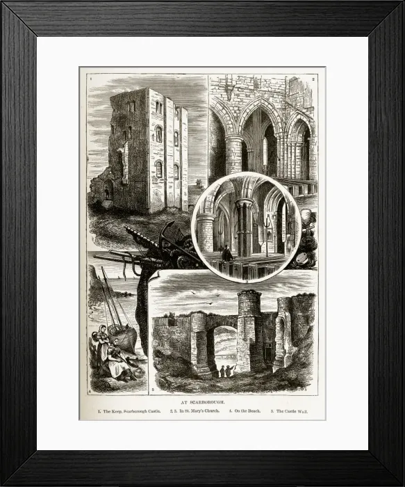 Framed Print : Scarborough Landmarks in Yorkshire, England Victorian Engraving, 1840 Framed Print : Scarborough Landmarks in Yorkshire, England Victorian Engraving, 1840