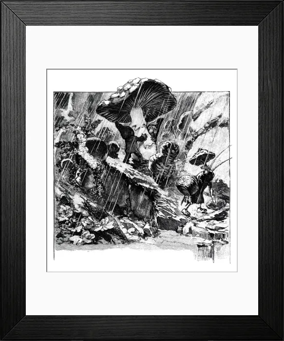 Framed Print : Dwarfs under a mushroom in the summer during rain Framed Print : Dwarfs under a mushroom in the summer during rain