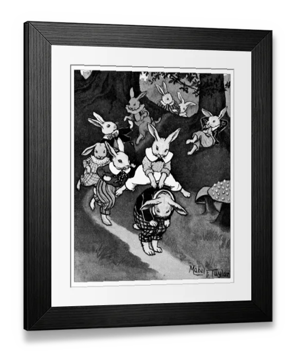 Framed Print : Antique childrens book comic illustration: rabbits playing