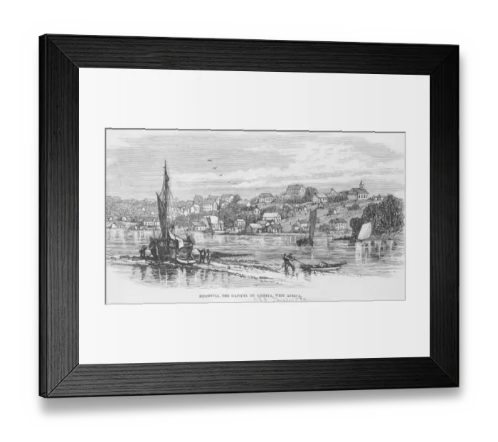 Framed Print : Monrovia. Engraving of boats on river in Monrovia, Liberia, circa 1850 Framed Print : Monrovia. Engraving of boats on river in Monrovia, Liberia, circa 1850