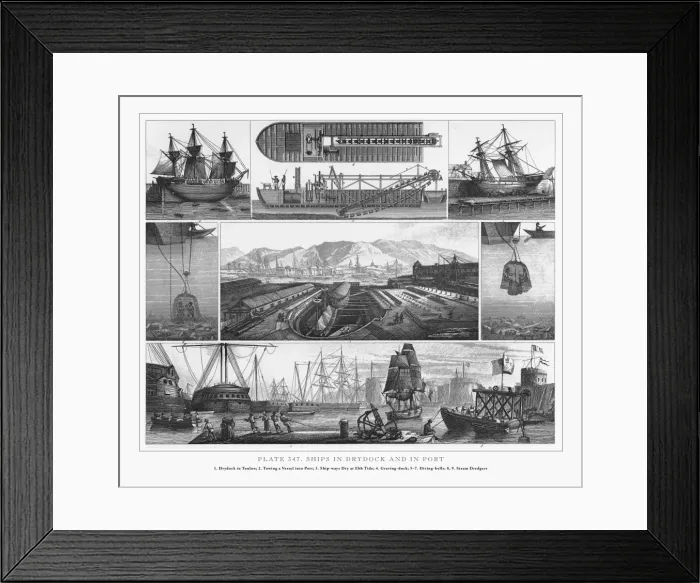 Framed Print : Ships in Drydock and in Port Engraving, 1851 Framed Print : Ships in Drydock and in Port Engraving, 1851