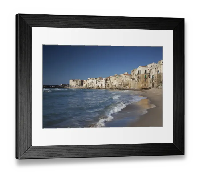 Framed Print : architecture, beach, beach town, blue, blue sky, building, cefalu, clear sky, color image