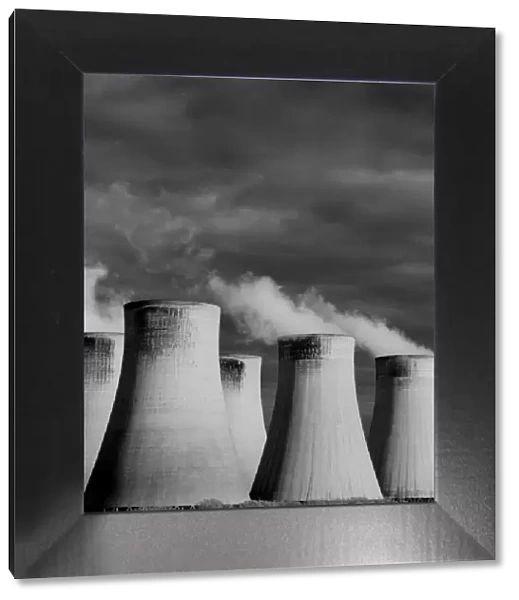 architecture, black and white, cloud, cooling tower, copy space, dark, day, dramatic
