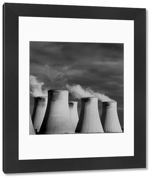 architecture, black and white, cloud, cooling tower, copy space, dark, day, dramatic