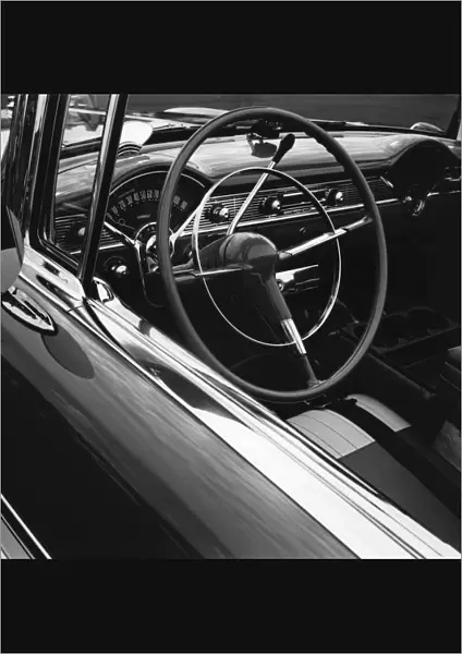black and white, car, chevrolet, chevy, close up, day, drivers seat, heritage