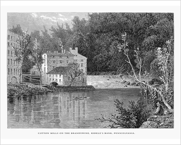 Cotton Mills, Rideleas Bank, Brandywine River, Pennsylvania, United States, American Victorian Engraving, 1872