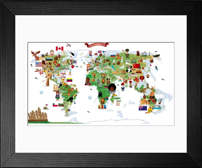 Framed Print : Cartoon map of World
