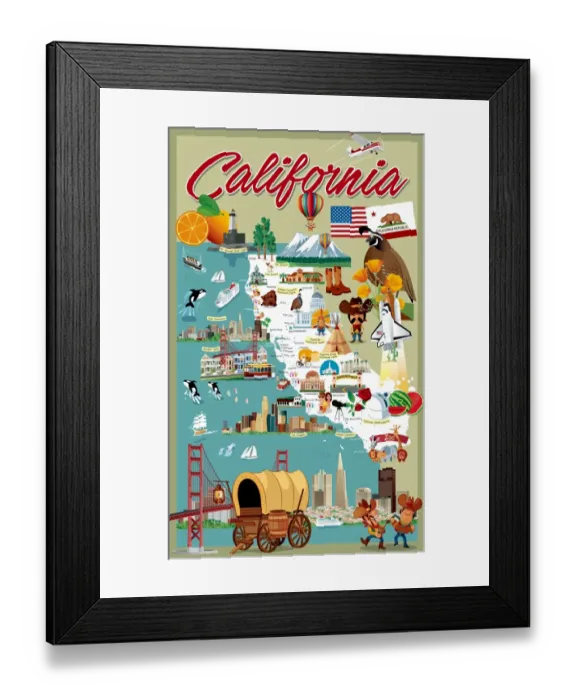 Framed Print : Cartoon map of California Framed Print : Cartoon map of California