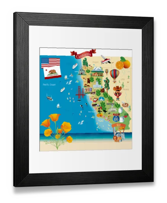 Framed Print : Cartoon map of California Framed Print : Cartoon map of California