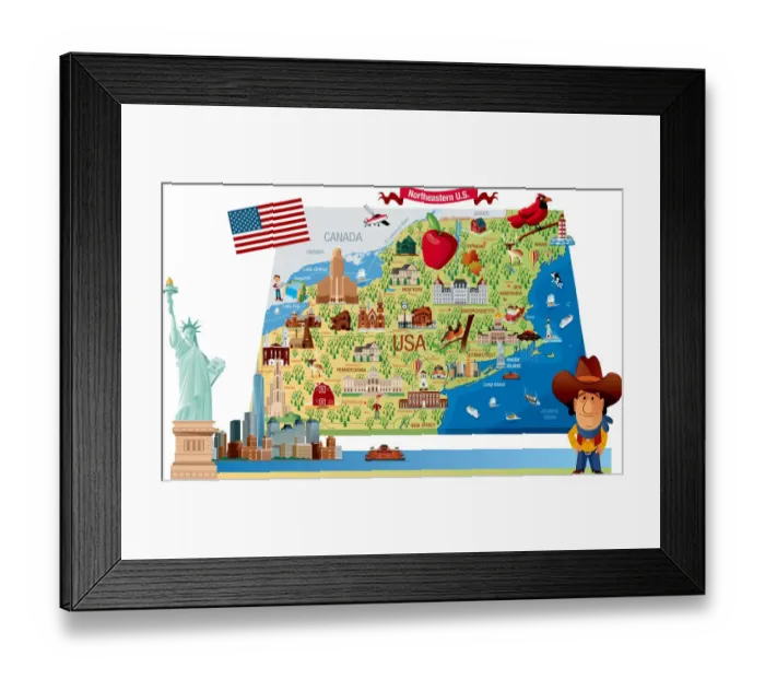 Framed Print : Cartoon map of Northeastern U. S Framed Print : Cartoon map of Northeastern U. S
