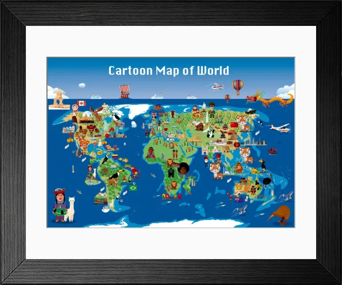 Framed Print : Cartoon map of world