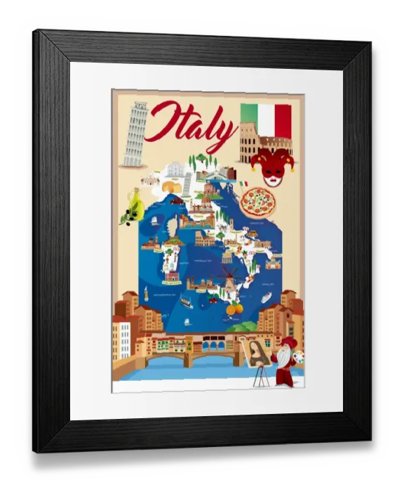 Framed Print : Cartoon map of ITALY Framed Print : Cartoon map of ITALY