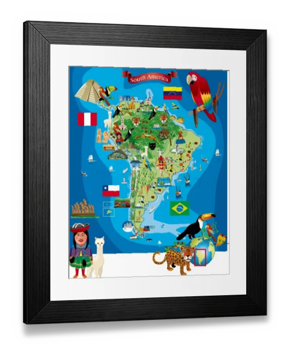 Framed Print : South America Cartoon Map Framed Print : South America Cartoon Map