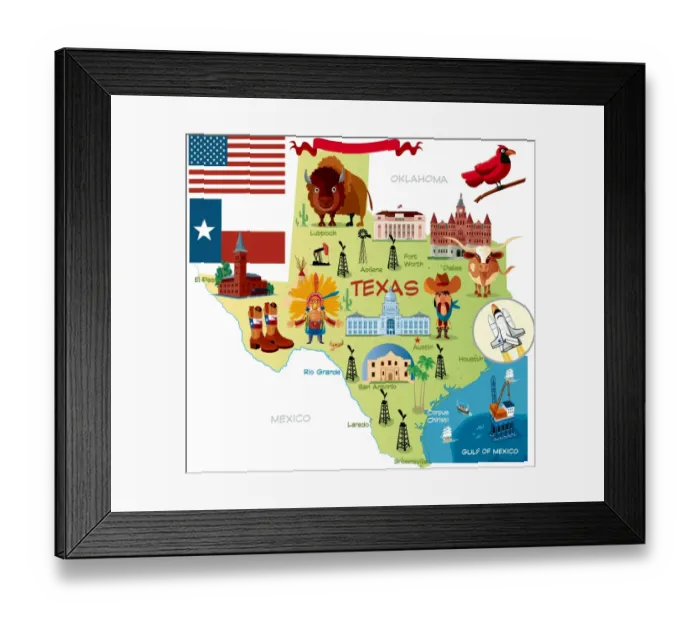 Framed Print : Cartoon map of Texas Framed Print : Cartoon map of Texas