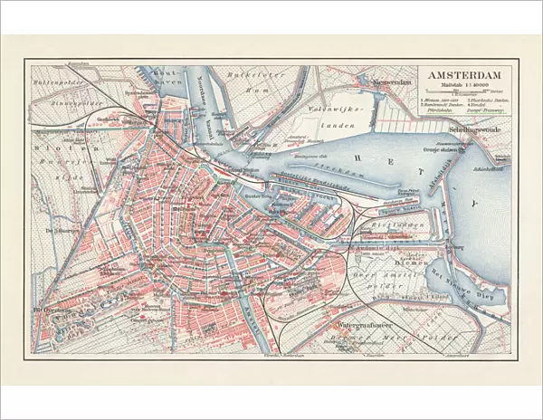 City map of Amsterdam, Netherlands, lithograph, published in 1897