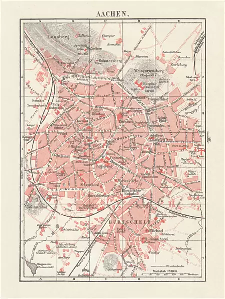 City map of Aachen, Germany, lithograph, published in 1897