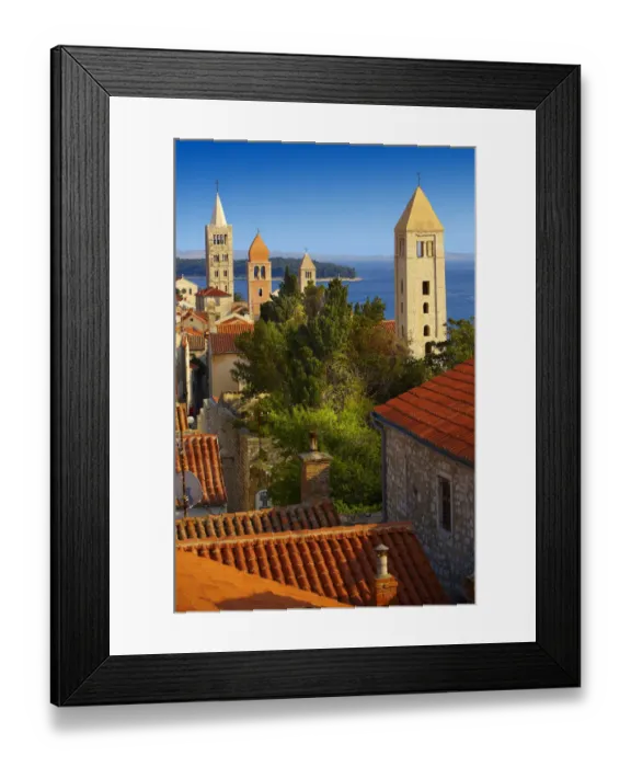 Framed Print : View from St John Church tower over the medieval roof tops of Rab town, Rab Island, Primorje-Gorski Kotar County, Croatia