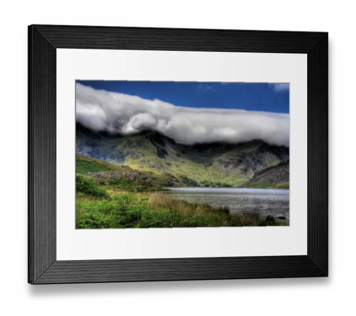 Framed Print : Snowdonia mountain range with cloud hanging suspended on hill tops during Framed Print : Snowdonia mountain range with cloud hanging suspended on hill tops during